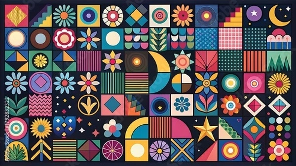 Obraz Vibrant geometric abstract pattern with retro inspired shapes and colors