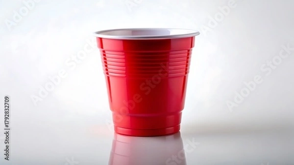 Fototapeta Red plastic party cup on a white reflective surface