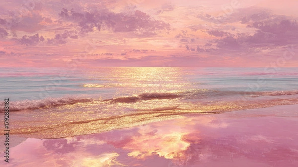 Fototapeta Romantic pink beach at sunset with glowing golden sea, soft sandy shore and serene waves isolated on white background