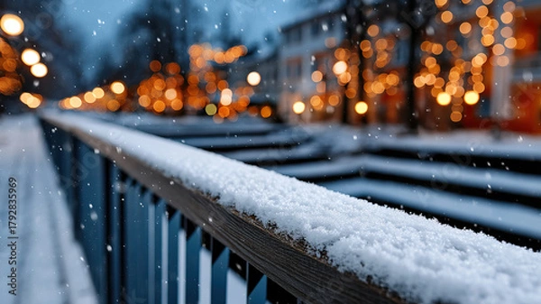Fototapeta Snow covered wooden balcony rail with warm bokeh lights and falling snow creating cozy winter evening atmosphere
