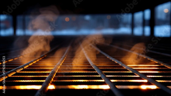 Fototapeta Molten glow beneath steel rebar with melting snow droplets and rising steam on heated construction surface at low light, dramatic warm contrast and shallow depth of field
