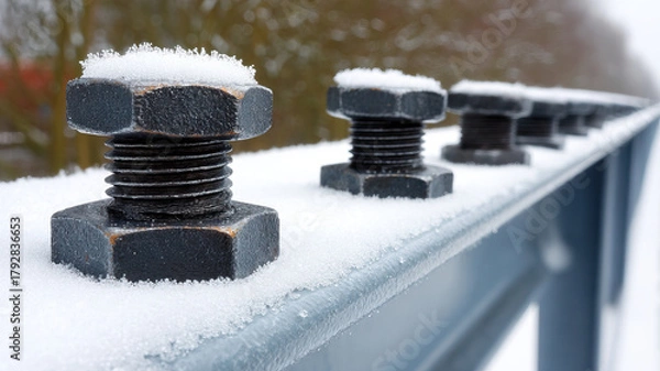 Fototapeta Snow dusted hex nut and bolt on steel beam in shallow depth of field, winter metal texture, close up detail, cold outdoor construction scene