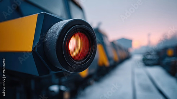 Fototapeta Frosted train tail light glowing red on cold platform at sunrise with snowcovered tracks and blurred carriages creating moody industrial atmosphere