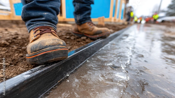 Fototapeta Worker boot on concrete edge with ice buildup, construction site, muddy ground, safety footwear, frozen water, close up, cold weather