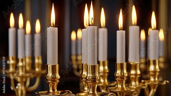 Fototapeta Elegant candleholder with wax drips gentle light blur in back chaos, warm glow reflecting on polished brass surface creating serene intimate atmosphere