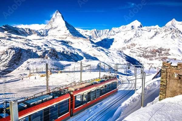Fototapeta Gorngerat cogwheel railway station and Matterhorn peak in Zermatt ski area view