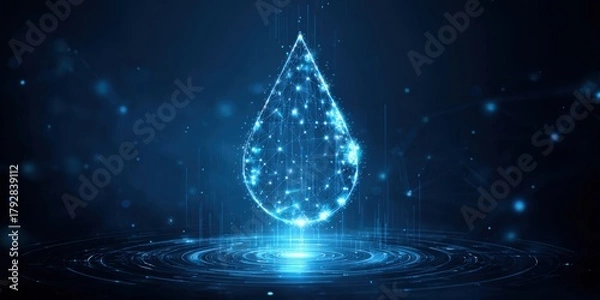 Fototapeta Water scarcity management technology concept. A luminous digital water droplet surrounded by blue light, symbolizing technology and innovation in a dark, abstract background.