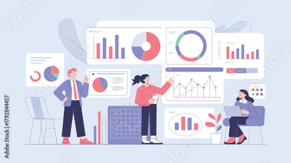 Obraz People analyzing data charts and graphs on screens