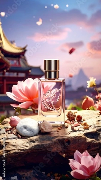 Fototapeta Elegant Perfume Bottle Amidst Lotus Flowers and Asian Architecture.