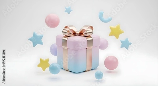 Fototapeta 3D Pastel Gift Box Surrounded by Floating Minimal Shapes
