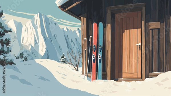 Obraz Skis beside a wooden cabin door in snowy mountains, cozy vector winter composition 