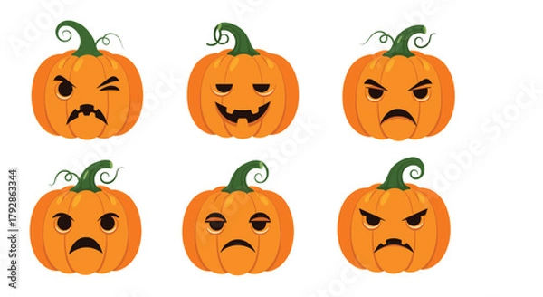 Fototapeta A collection of six different carved pumpkins displaying various emotions on their faces for Halloween.