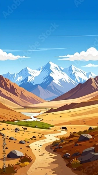 Fototapeta Sunny day reveals a winding path through a desert valley toward snowy mountains.