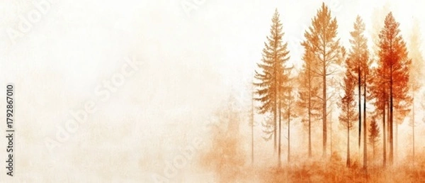Obraz A serene autumn landscape featuring tall trees with orange foliage against a soft, muted background.