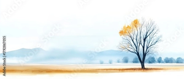 Obraz A serene landscape featuring a bare tree with autumn leaves, set against a misty background of mountains and soft colors.