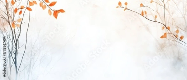 Obraz A serene, minimalist illustration featuring delicate branches and soft orange leaves against a muted, foggy background.