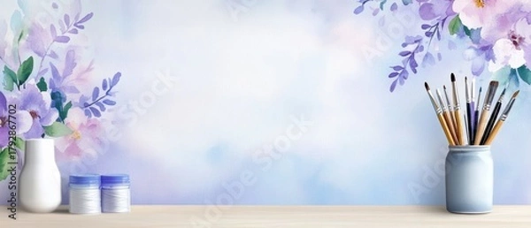 Obraz A serene artistic workspace featuring watercolor brushes and paint, complemented by a floral watercolor backdrop in soft purples and blues.