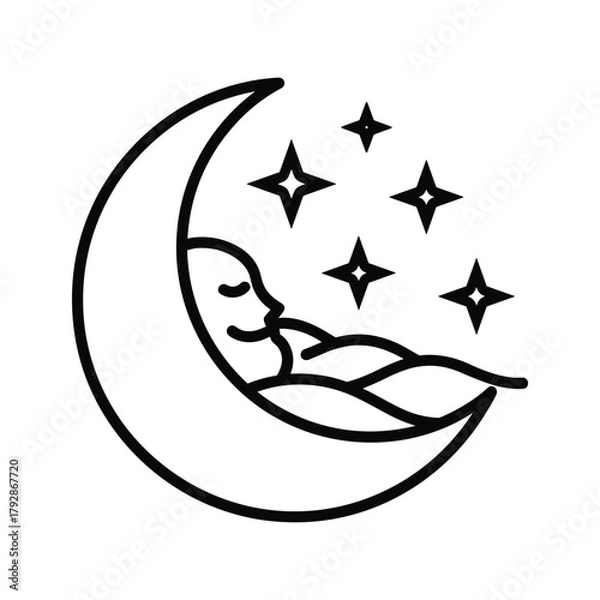 Fototapeta Stylized drawing of a sleeping baby on a crescent moon surrounded by stars