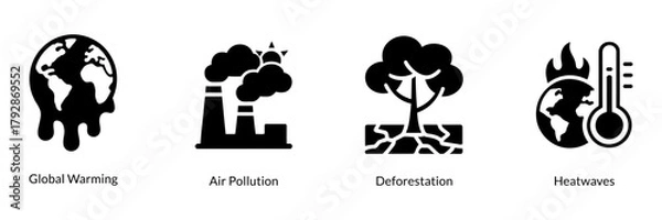 Obraz Global warming and climate change icon set representing environmental problems and ecological concerns. Vector silhouette