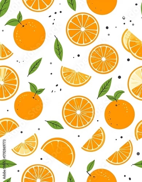 Fototapeta Orange fruit and slices pattern with green leaves on white background.