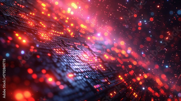 Obraz Abstract digital circuit board with glowing red and purple lights, bokeh effect.