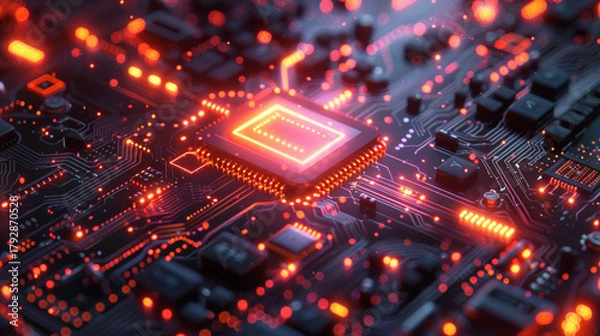 Obraz Close-up of a glowing computer circuit board with a central processor chip, illuminated with vibrant red light.