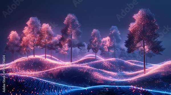 Obraz Futuristic glowing trees on a digital landscape at night.