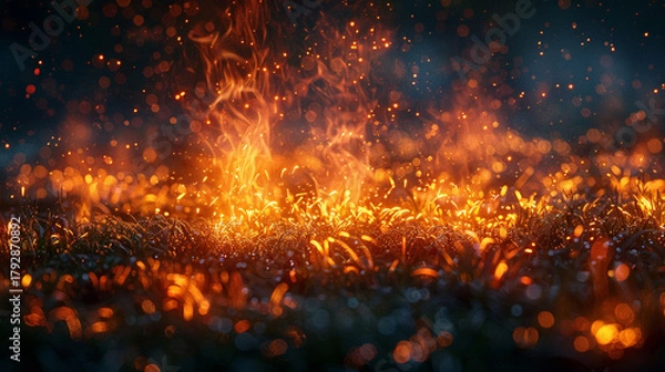 Obraz Fiery grass ablaze at night, with sparks and smoke rising, in a dark environment.