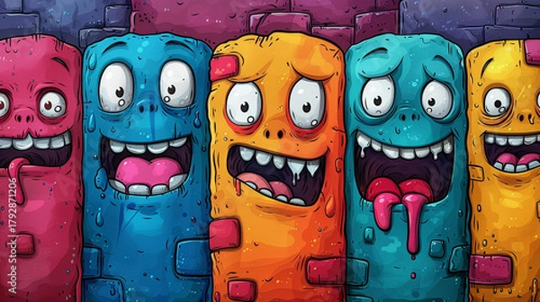 Obraz Cartoon monsters with exaggerated expressions and bright colors, forming a row.