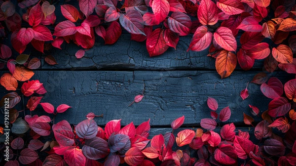 Obraz Autumn leaves frame on dark wood planks. Vivid crimson and burgundy foliage arranged in a decorative border around a dark gray wooden surface.