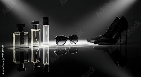 Fototapeta A trio of perfume bottles and a pair of high-heeled shoes are displayed elegantly.