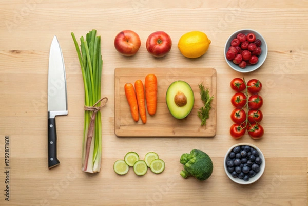 Fototapeta Fresh fruits and vegetables including avocado carrots tomatoes apples lemon broccoli blueberries raspberries and green onions arranged with knife