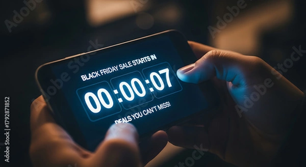 Fototapeta Person holds smartphone displaying a Black Friday sale countdown timer with text 'deals you can't miss'.