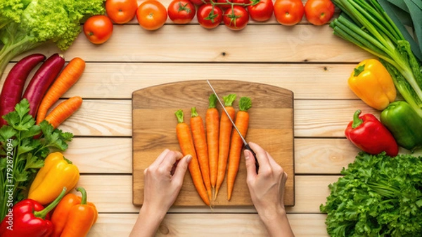 Fototapeta Fresh carrots being sliced wooden cutting board surrounded by colorful vegetables like tomatoes, peppers, and lettuce, creating vibrant healthy