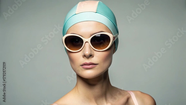 Obraz Woman wearing retro swim cap and sunglasses, vintage style portrait with soft lighting and neutral background