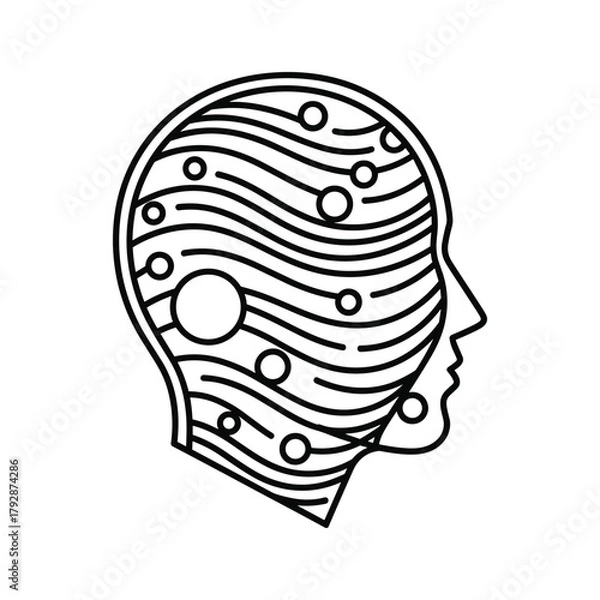 Fototapeta Outline of a human head profile with abstract wavy lines and circles inside