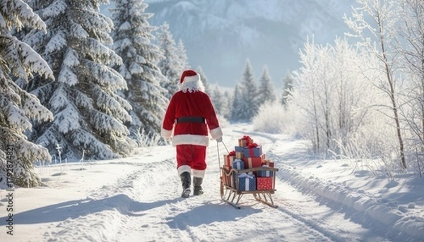Obraz Santa Claus walking through snowy forest with a gift sled
