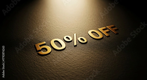 Fototapeta Golden 50% OFF text is spotlighted on a dark textured background.