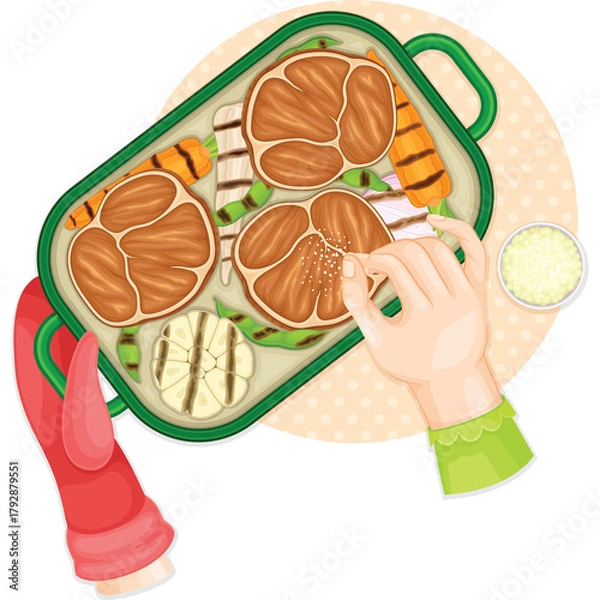 Fototapeta Chef garnishing grilled meats and vegetables with salt in a green baking dish with a light orange circular background and a small bowl of seasoning.