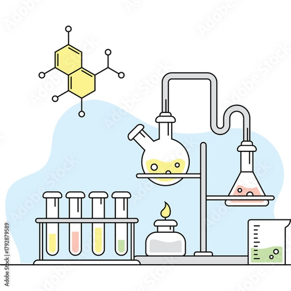 Obraz Chemistry Laboratory Setup With Distillation Apparatus Test Tube And Beaker And Molecular Structure In Blue Background