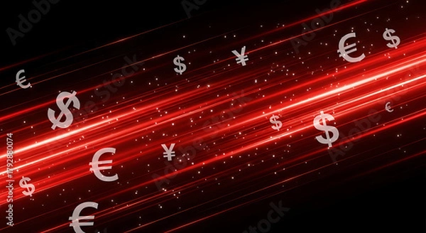 Fototapeta Abstract streaks of light with currency symbols on a black background.