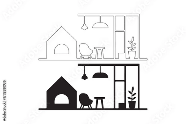 Obraz Modern interior design sketch with pet house and furniture line art