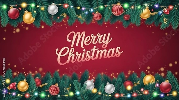 Fototapeta Festive Merry Christmas Greeting with Ornaments and Lights