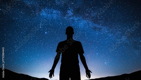 Fototapeta Silhouette of a person with arms outstretched under a starry night sky, seeking connection
