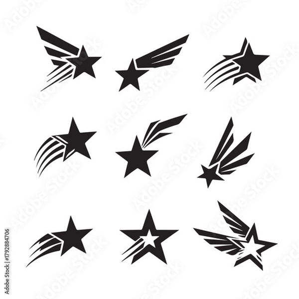 Obraz Modern Shooting Star Icon Set – Winged and Abstract Black Star Vector Design