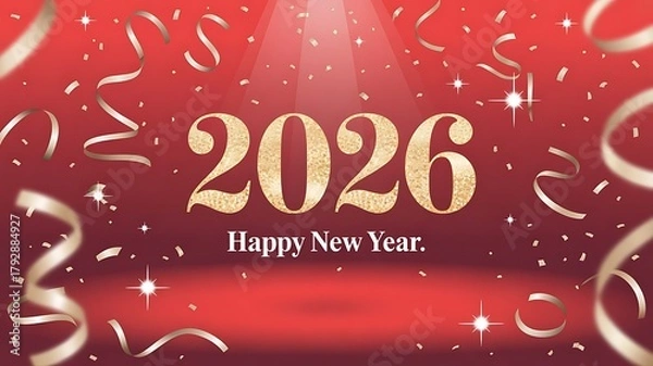 Fototapeta Happy New Year 2026 with Gold Confetti and Ribbons