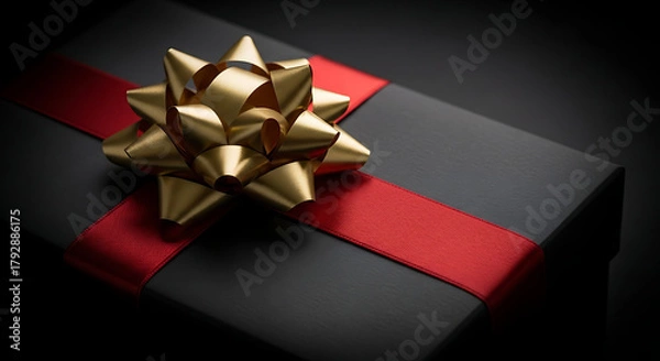 Obraz A black gift box is tied with a red ribbon and a gold bow on a dark background.