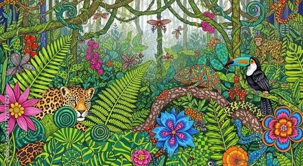 Fototapeta Vibrant jungle teeming with exotic wildlife and lush foliage