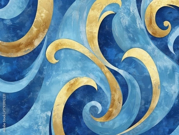 Obraz A decorative art piece featuring swirling, golden designs on an ocean blue background, symbolizing the sea's power and beauty.