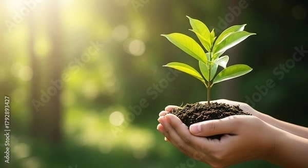 Obraz Hands holding a small plant in the sunlight, symbolizing growth and care